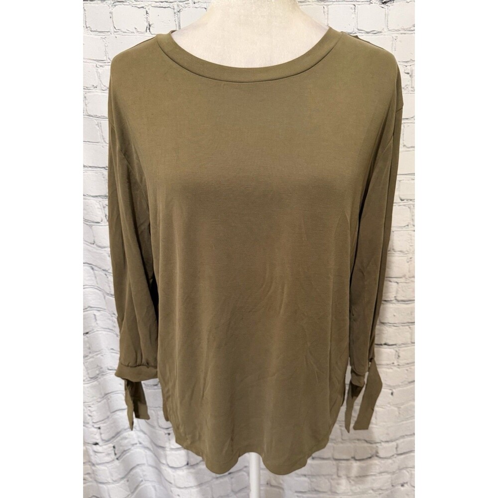 NWT LOFT Knit Top Tee Olive Green Modal Polyester Long Sleeve With Tie Small
